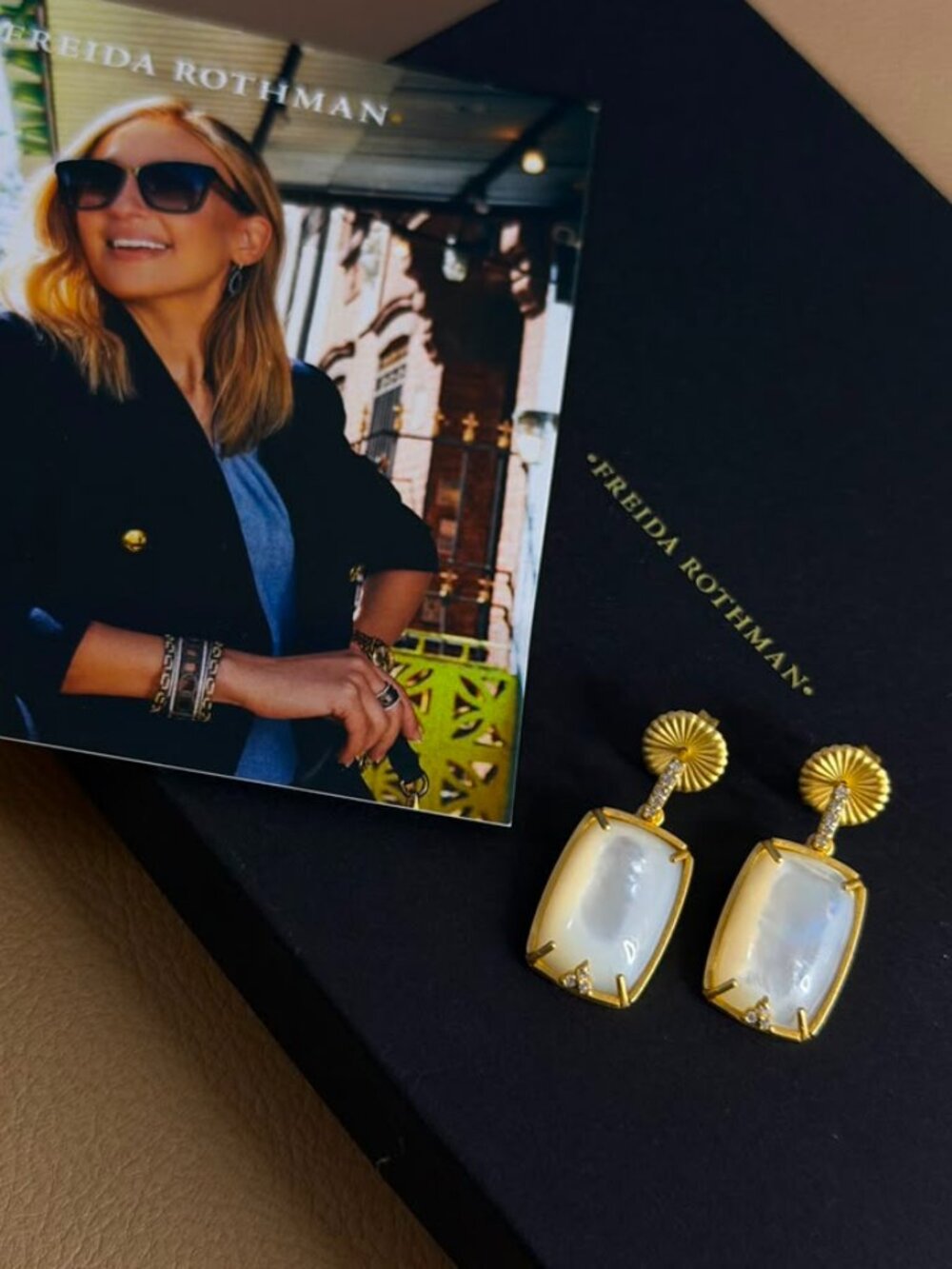FREIDA ROTHMAN - GOLD & MOP Sculpted Frame Drop Pearl Earrings